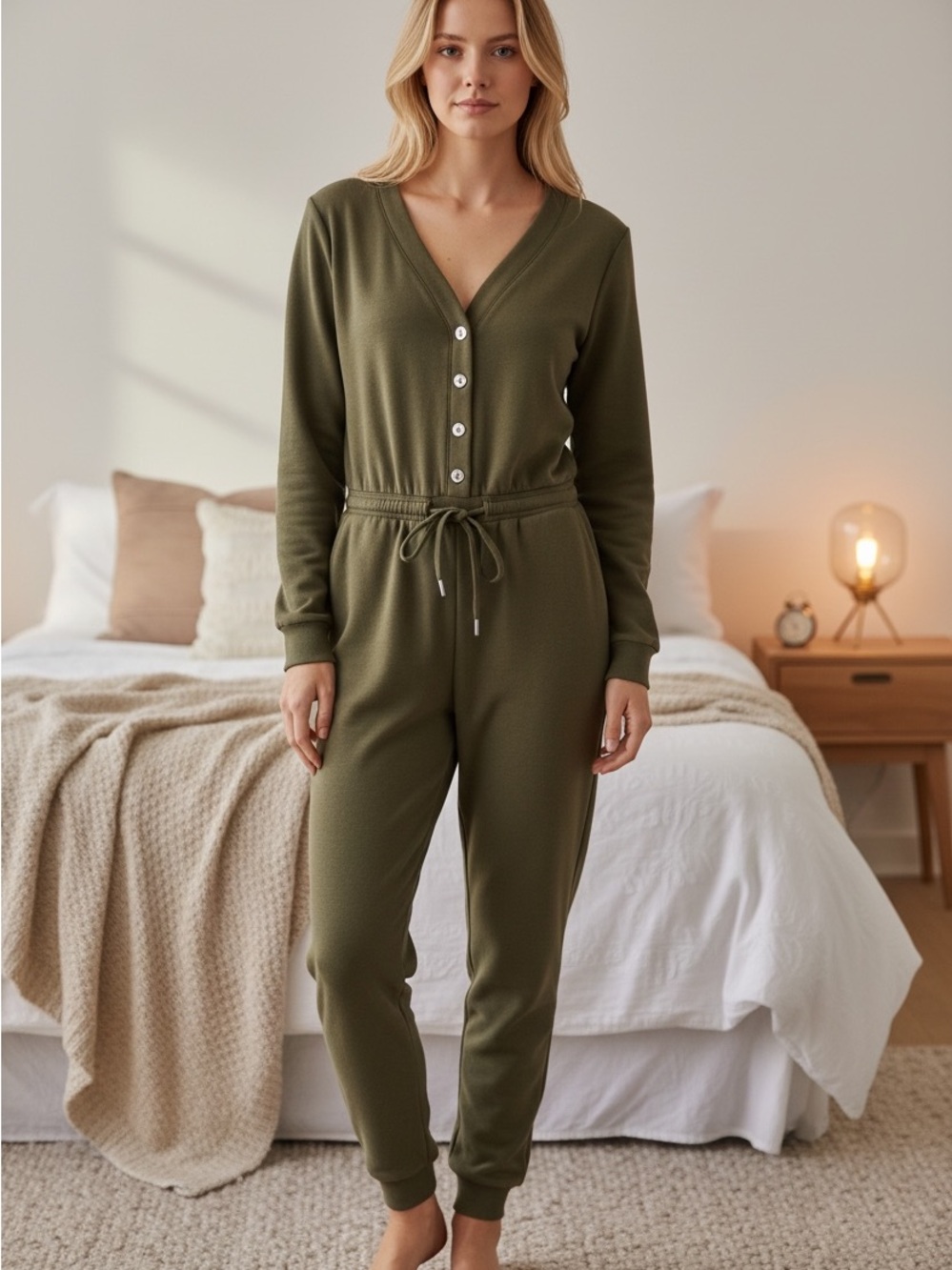 Natural Reflections Olive Green Long-Sleeve Button Jumpsuit